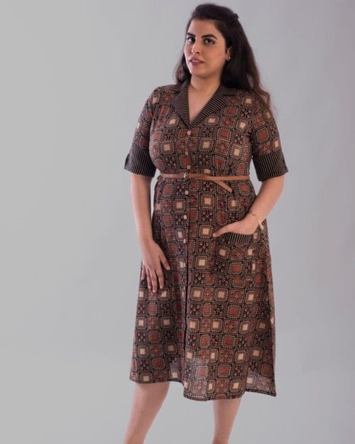 Black Ajrak Square And Stripes Block Printed Dress - Image 2