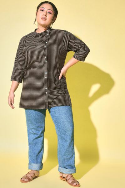 Black Stripes Shifted Panel Plus Size Shirt