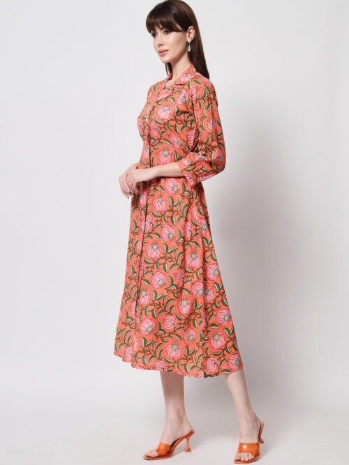 Carrot Orange Floral Shawl Collar Dress - Image 4