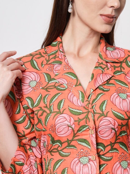 Carrot Orange Floral Shawl Collar Dress - Image 5
