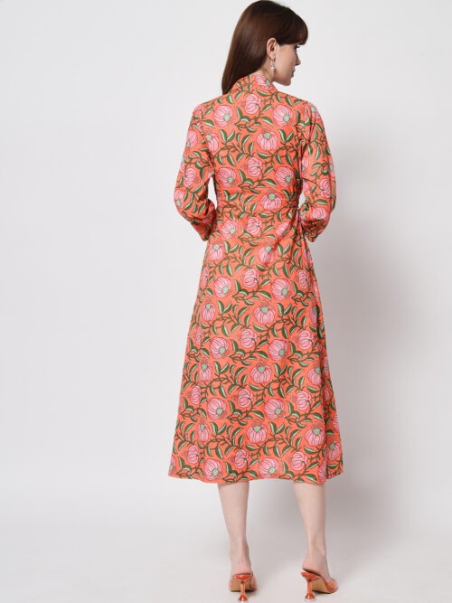 Carrot Orange Floral Shawl Collar Dress - Image 6