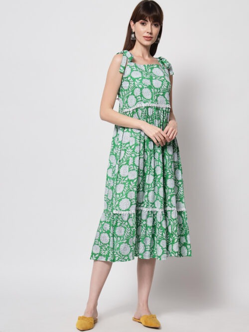 Lawn Green Floral Tiered Dress With Lace - Image 2