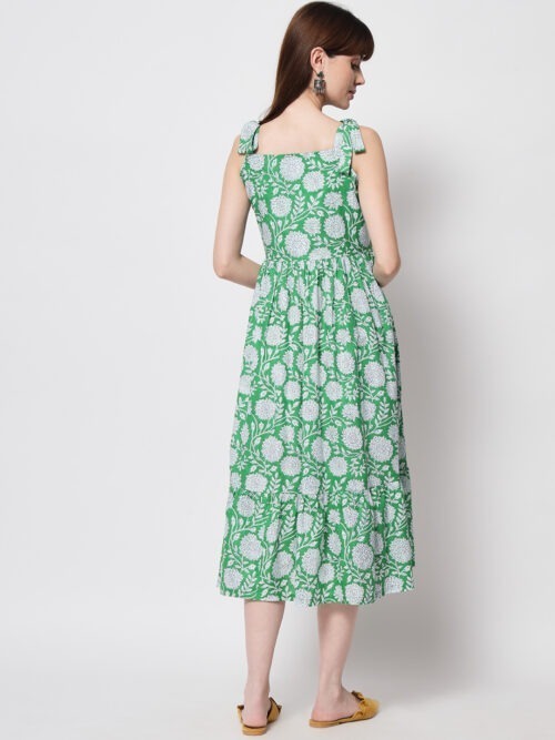 Lawn Green Floral Tiered Dress With Lace - Image 6