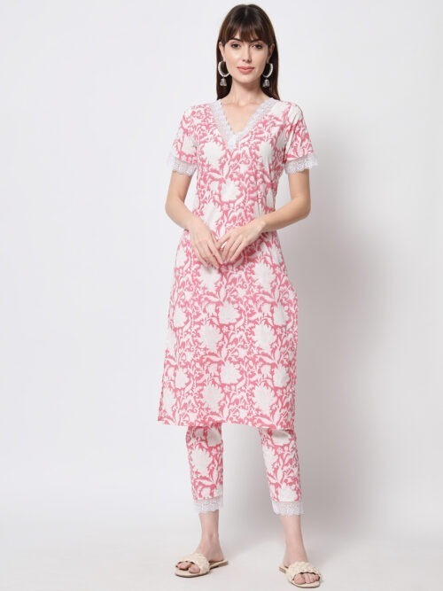 Baby Pink Matching Brasso Top Bottom Set With Lace - Image 2