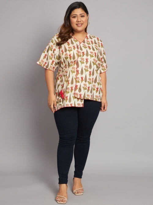 Ivory mughal Butti Asymmetrical tie ups plus size Top - Image 2
