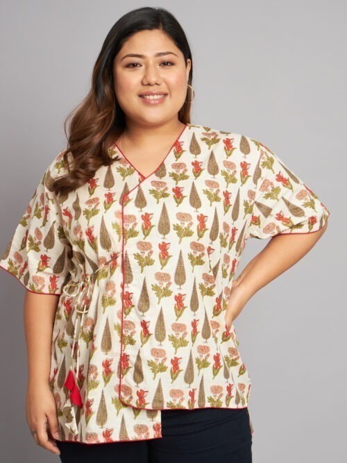 Ivory mughal Butti Asymmetrical tie ups plus size Top - Image 3