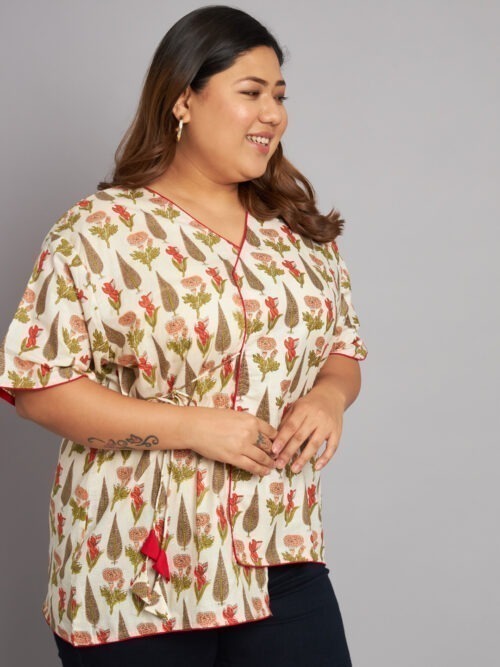Ivory mughal Butti Asymmetrical tie ups plus size Top - Image 4