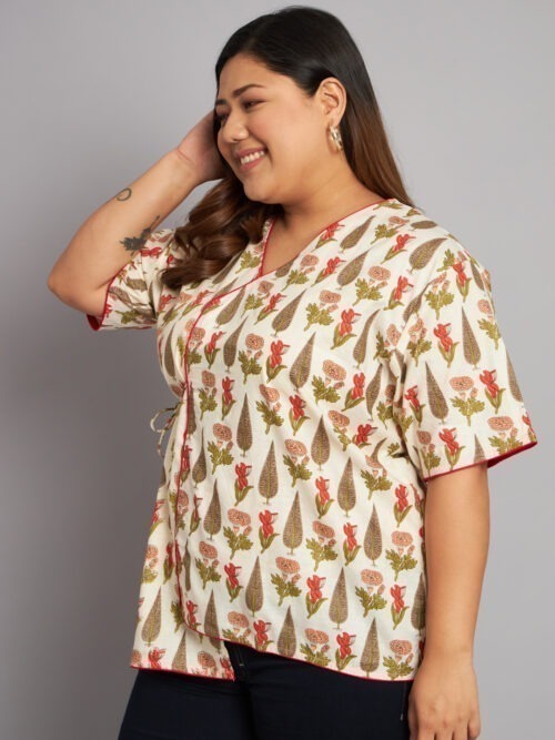 Ivory mughal Butti Asymmetrical tie ups plus size Top - Image 5