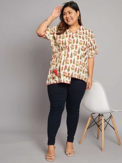 Ivory mughal Butti Asymmetrical tie ups plus size Top