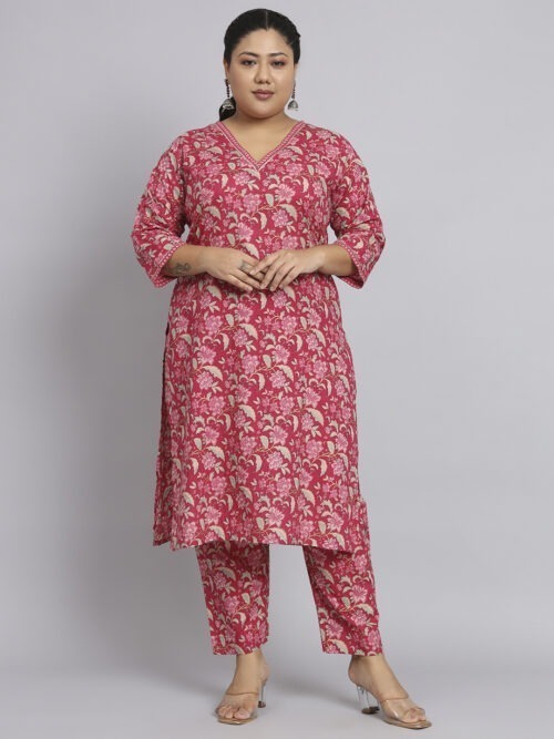 Magenta Floral Printed Foil Print kurta pant set  with Gotta Patti Border - Image 2