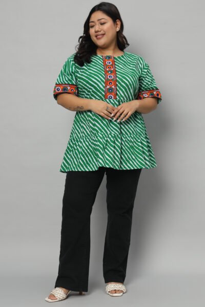 Green leheriya cotton plus size tunic with mirror work lace
