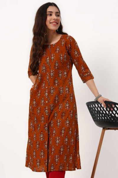 Mustard Mughal Butti A-Line Kurti