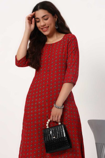 Deep Red Taditional Motifs A-Line Kurti
