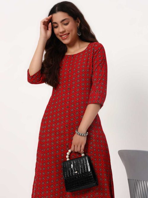 Deep Red Taditional Motifs A-Line Kurti
