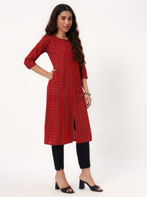 Deep Red Taditional Motifs A-Line Kurti - Image 2