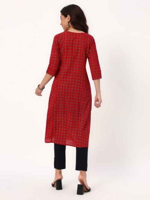 Deep Red Taditional Motifs A-Line Kurti - Image 5