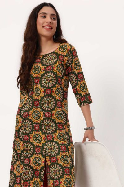 Dark Green Round Motifs A-Line Kurti