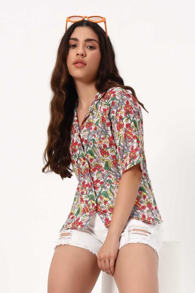 White Kalamkari Printed Muslin Boxy Shirt