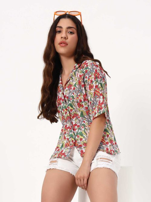 White Kalamkari Printed Muslin Boxy Shirt