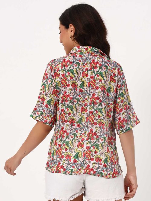 White Kalamkari Printed Muslin Boxy Shirt - Image 5