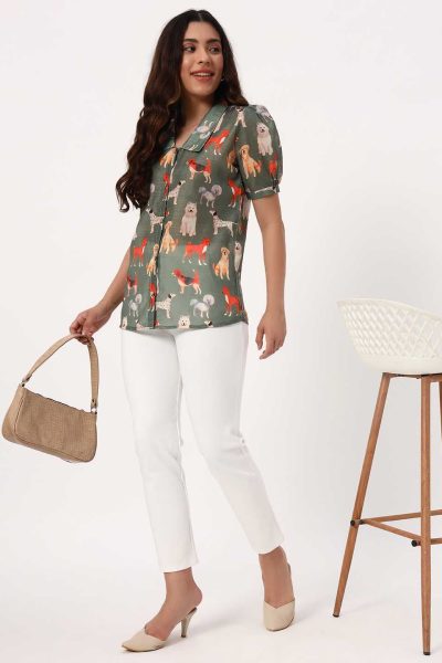 Moss Green Quirky Dog Lovers Linen Shirt