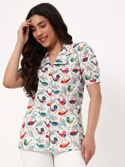 Ivory Chirping Birds Crepe Shirt - Image 2