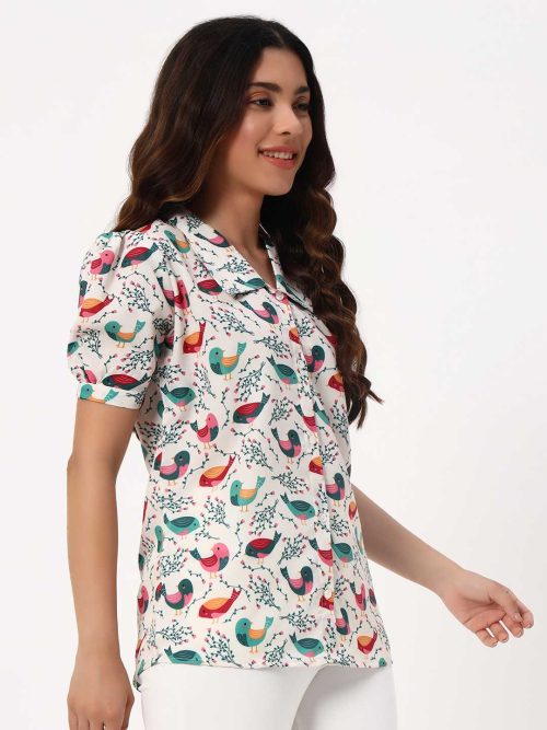 Ivory Chirping Birds Crepe Shirt - Image 3