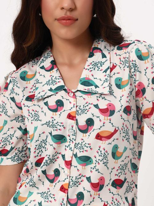 Ivory Chirping Birds Crepe Shirt - Image 4