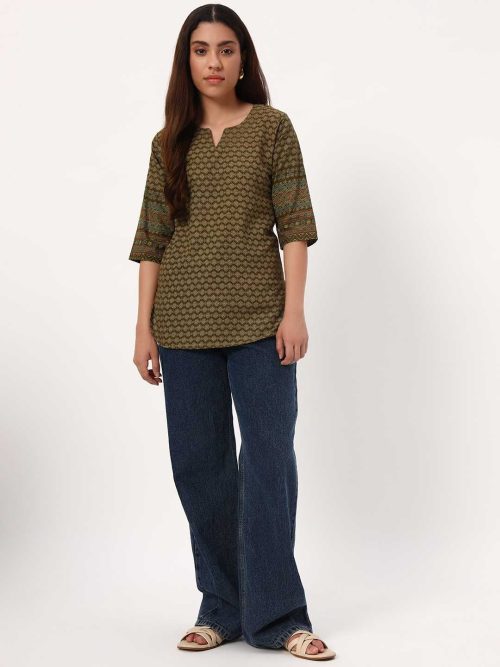 Mehendi Green Short Cotton Kurti - Image 2