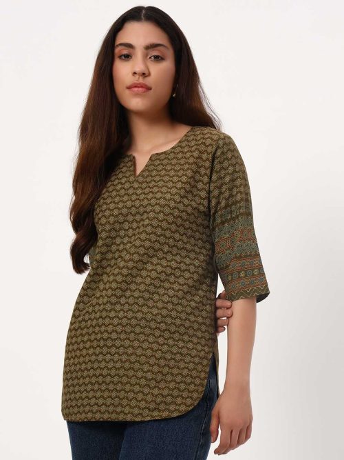 Mehendi Green Short Cotton Kurti - Image 3