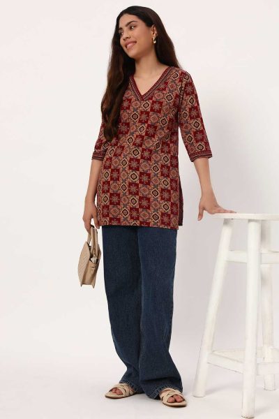 Wine Red Ajarakh Short Cotton Kurti