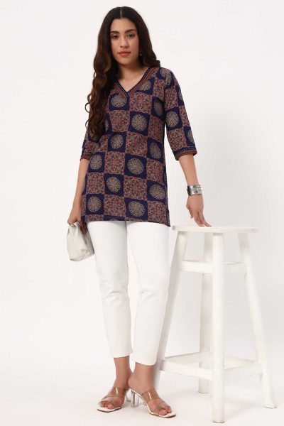 Blue Ajarakh Short Cotton Kurti