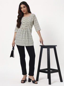 Classic Creme And Black Short Cotton Kurti