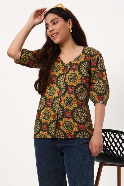 Dark Green Round Motifs Short Cotton Kurti
