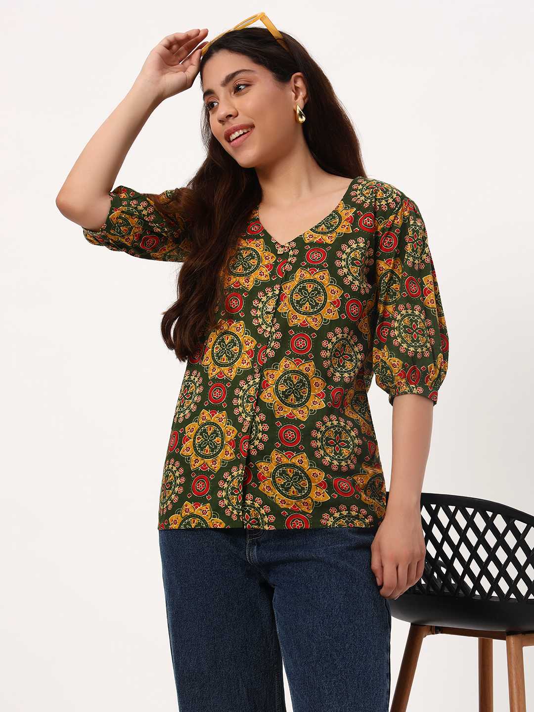 Dark Green Round Motifs Short Cotton Kurti