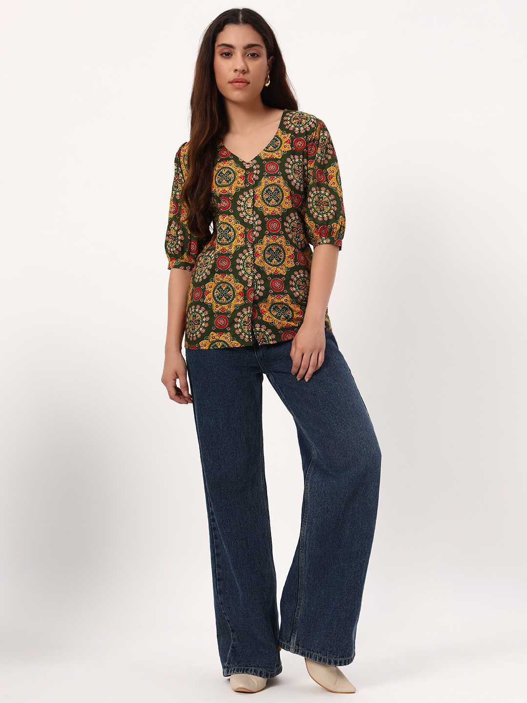 Dark Green Round Motifs Short Cotton Kurti - Image 2