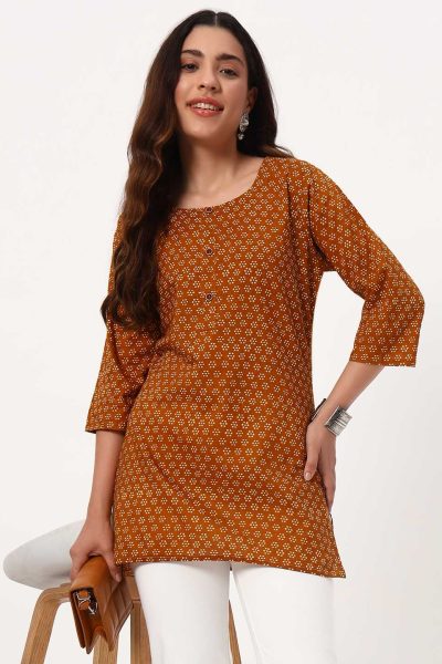 Mustard Small Butti Short Cotton Kurti