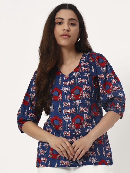 Persian Blue Ethnic Short Cotton Kurti - Image 2