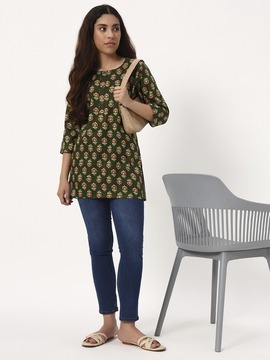 Dark Green Small Butti Short Cotton Kurti