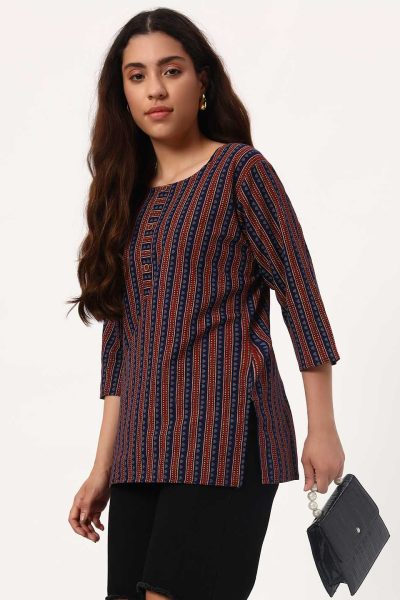 Blue Ajarakh Stripes Short Cotton Kurti